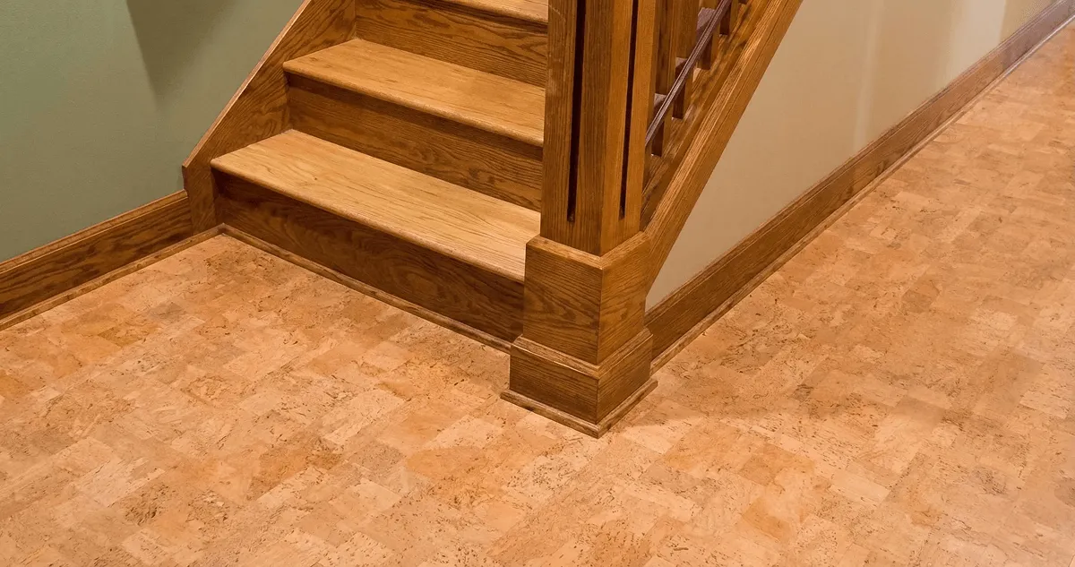 End of a staircase with cork flooring in Tampa, FL